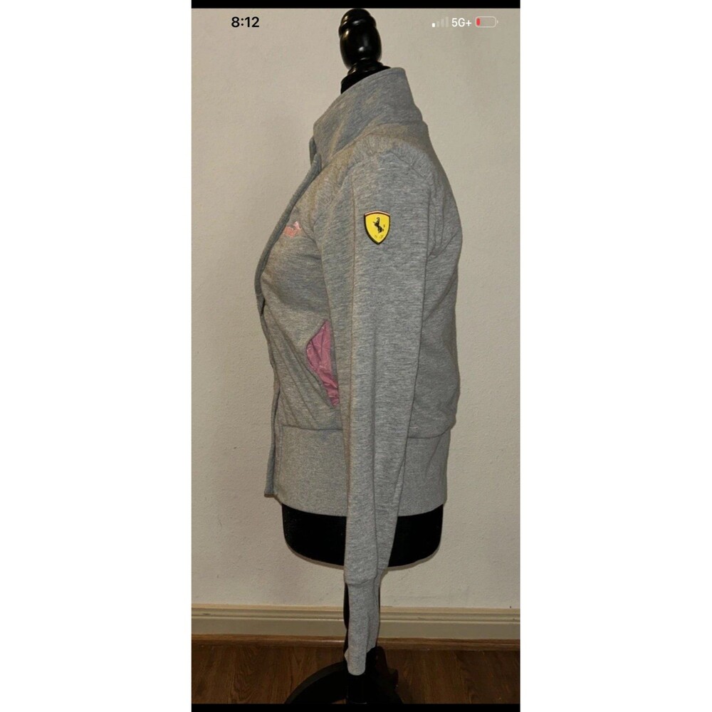 PUMA Scuderia Ferrari F1 Womens Gray Asymmetric Moto Sweatshirt Jacket Pink Sz M